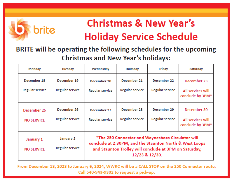 BRITE Bus Holiday Schedule