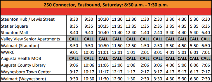 Bus schedule 250 Connector, eastboud, Sunday 8:30 a.m. to 7:30 p.m.