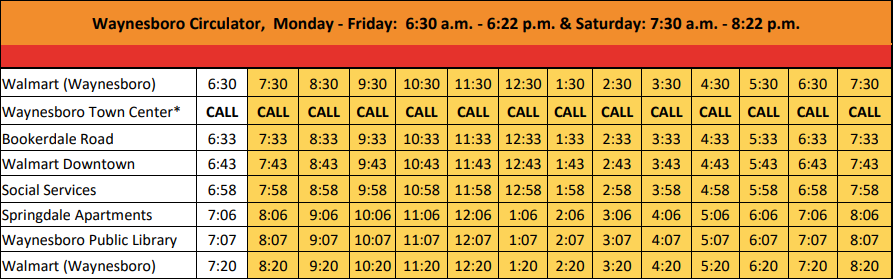 Bus Route: Waynesboro Circulator, Monday - Friday: 6:30 a.m. to 6:22 p.m. & Saturday: 7:30 a.m. - 8:22 p.m.