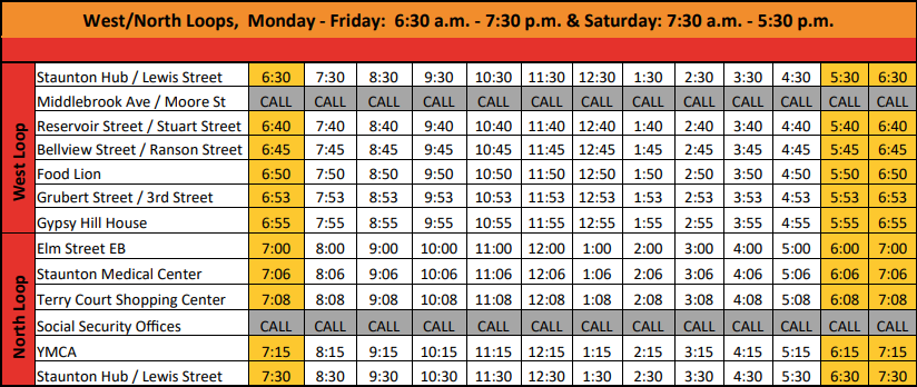 Bus Route: West/North Loops, Monday - Friday: 6:30 a.m. - 7:30 p.m. & Saturday 7:30 a.m. - 5:30 p.m.