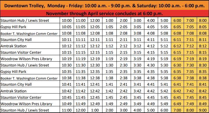 Bus Route: Downtown Trolley, Monday - Friday: 10:00 a.m. - 9:00 p.m. & Saturday: 10:00am - 6:00 p.m.
