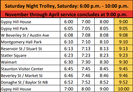 Bus Route: Saturday Night Trolley, Saturday: 6:00 p.m. - 10:00 p.m.; November through April service concludes at 9:00 p.m.