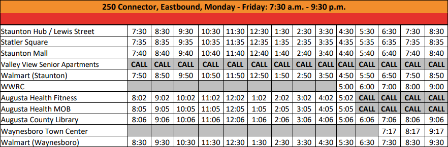 Bus Schedule: 250 Connector, Eastbound, Monday - Friday: 7:30 a.m. to 9:30 p.m.