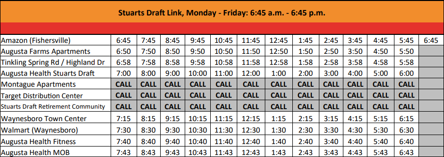 Bus Route: Stuarts Draft Link, Monday - Friday: 6:45 a.m. to 6:45 p.m.